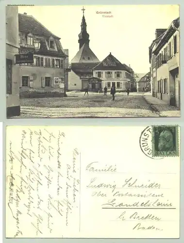 (67269-011) Ansichtskarte. "Gruenstadt - Vorstadt". Beschrieben u. postalisch gelaufen mit Marke u. Stempel (1908 ?)