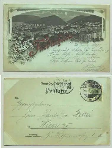 (99894-011) Ansichtskarte. Mondschein-AK. "Gruss aus Friedrichroda". Beschrieben u. postal. gelaufen mit Marke u. Stempel v. 1898