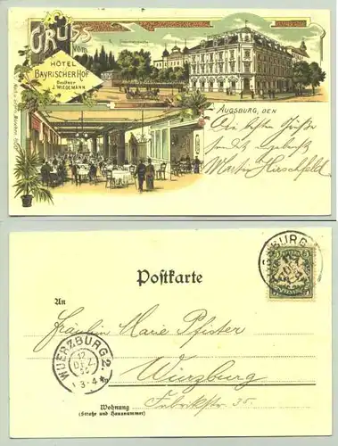 (86150-011) Ansichtskarte. "Gruss vom Hotel Bayrischer Hof - Augsburg" 1900. Mehrfarb. Litho