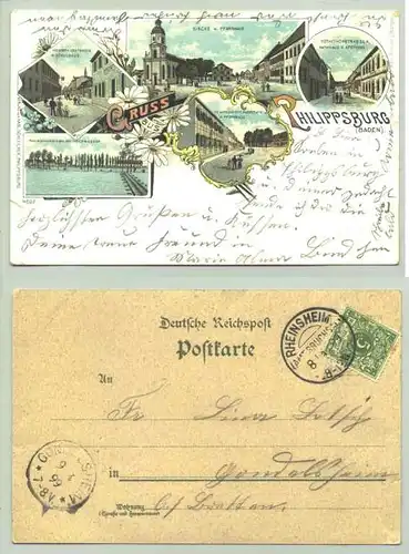 (76661-021) Ansichtskarte. "Gruss aus Philippsburg". Beschrieben und postalisch gelaufen mit Marke u. Stempel von 1899