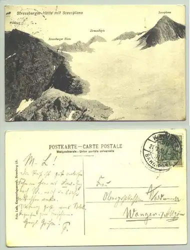 (1025214) Hübsche alte Ansichtskarte. Gebirge-Motiv. Strassburger-Hütte mit Scesaplana. Marke u. Stempel von 1911