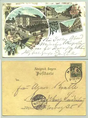 (95028-011) Ansichtskarte. 1897. "Gruss aus Hof i. / B." (Variete Theater, Altstadt, Klosterstrasse)
