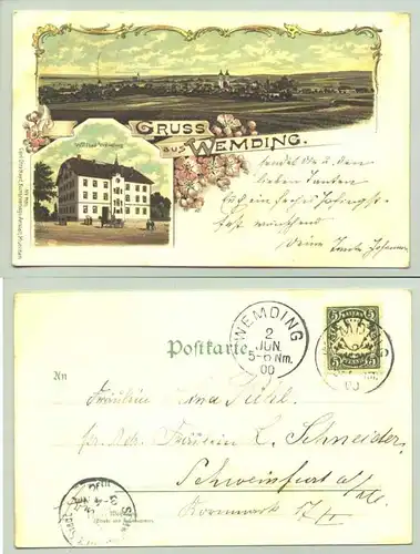 (86650-011) Ansichtskarte. Gruss aus Wemding. Beschrieben und postalisch gelaufen mit Marke u. Stempel v. 1900