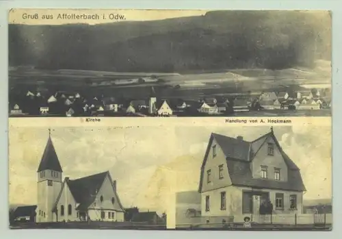 (69483-031) Ansichtskarte. "Gruss aus Affolterbach i. Odw." 3 Abb. (Total, Kirche, Handlung von A. Heckmann). Unbeschrieben, um 1920 ?