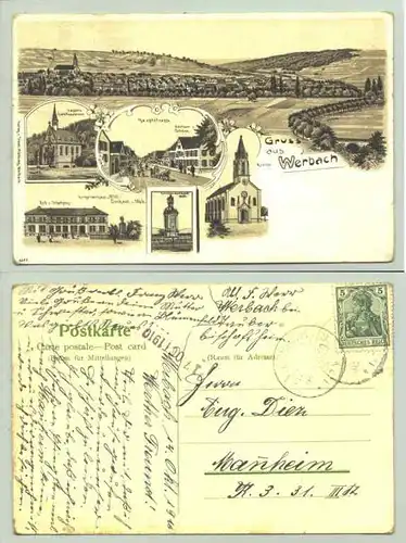 (97956-021) Ansichtskarte. "Gruss aus Werbach". Postalisch gelaufen mit Marke u. Stempel v. 1910