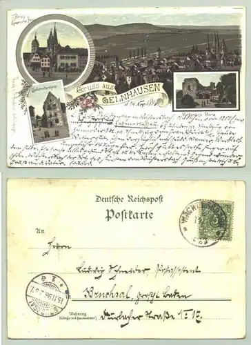 (63571-011) Ansichtskarte. "Gruss aus Gelnhausen." Beschrieben u. postalisch gelaufen mit Marke u. Stempel v. 1896