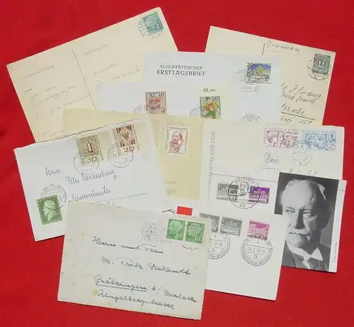 (1019935) 10 versch. Postkarten und Briefkuvert mit allerlei Stempeln und Marken