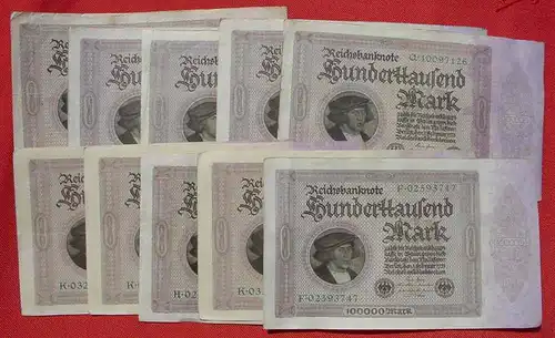 (1048035) Reichsbanknoten, 10 Stück, je 100.000 Mark Berlin 1.2.1923. Siehe bitte Beschreibung u. Bilder