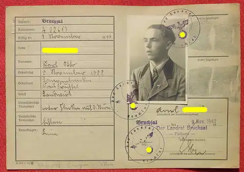 (1047910) Ausweiskarte / oder Registrierkarte. Passamt Bruchsal 1940