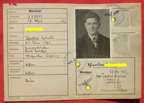 (1047911) Ausweiskarte / oder Registrierkarte. Passamt Bruchsal 1941