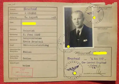 (1047939) Ausweiskarte / oder Registrierkarte. Passamt Bruchsal 1942