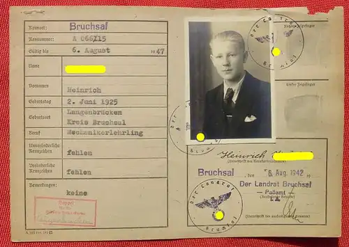 () Ausweiskarte / oder Registrierkarte. Passamt Bruchsal 1942