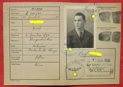 (1047940) Ausweiskarte / oder Registrierkarte. Passamt Bruchsal 1939