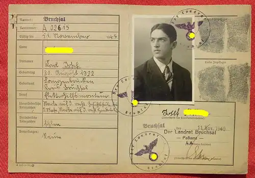 (1047941) Ausweiskarte / oder Registrierkarte. Passamt Bruchsal 1940