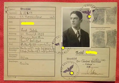 () Ausweiskarte / oder Registrierkarte. Passamt Bruchsal 1940