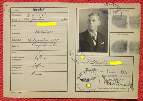 () Ausweiskarte / oder Registrierkarte. Passamt Bruchsal 1939