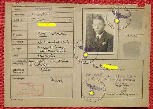 (1047944) Ausweiskarte / oder Registrierkarte. Passamt Bruchsal 1942