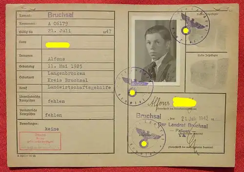 (1047945) Ausweiskarte / oder Registrierkarte. Passamt Bruchsal 1942
