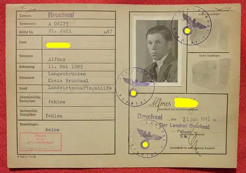 () Ausweiskarte / oder Registrierkarte. Passamt Bruchsal 1942