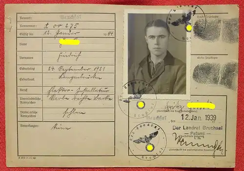 (1047946) Ausweiskarte / oder Registrierkarte. Passamt Bruchsal 1939