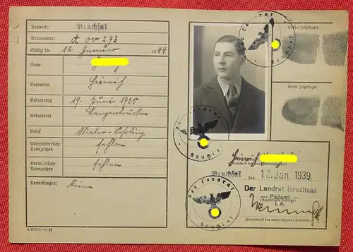 () Ausweiskarte / oder Registrierkarte. Passamt Bruchsal 1939