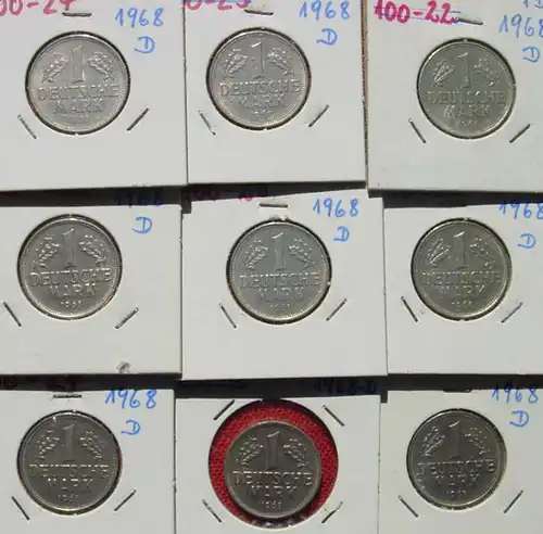 (1047335) Deutschland 9 x 1 Mark 1968-D Kursmünzen. Erhaltung ! Siehe bitte Originalbilder u. Beschreibung