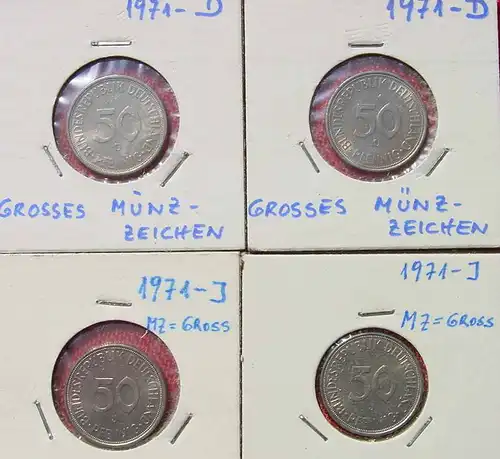 (1047344) Vier Kursmünzen Deutschland : 50 Pfennig 1971-D, J. (große Münzzeichen !) Siehe bitte Originalbilder