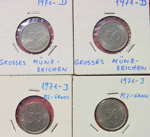 () Vier Kursmünzen Deutschland : 50 Pfennig 1971-D, J. (große Münzzeichen !) Siehe bitte Originalbilder