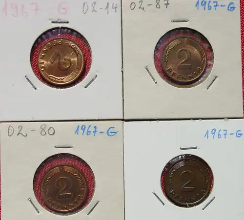 (1047320) Kleine Partie von acht 2 Pfennig-Münzen von 1967 – G. Sehr gute Qualität. Siehe bitte Originalbilder