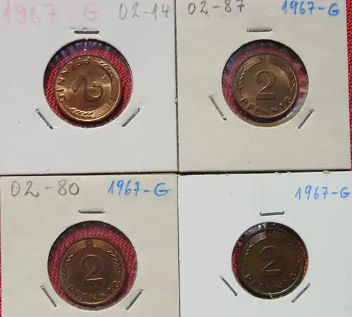 () Kleine Partie von acht 2 Pfennig-Münzen von 1967 – G. Sehr gute Qualität. Siehe bitte Originalbilder