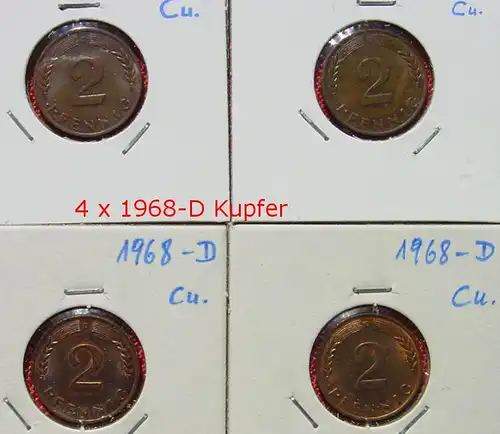 (1047321) Kleine Partie von acht 2 Pfennig-Münzen von 1968-D. Siehe bitte Beschreibung u. Originalbilder. Sehr guter Qualität