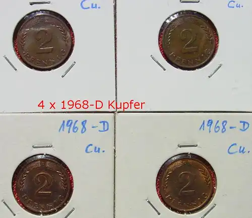 () Kleine Partie von acht 2 Pfennig-Münzen von 1968-D. Siehe bitte Beschreibung u. Originalbilder. Sehr guter Qualität