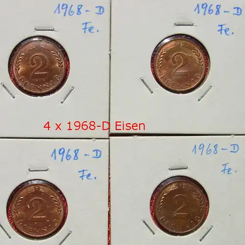 (1047321) Kleine Partie von acht 2 Pfennig-Münzen von 1968-D. Siehe bitte Beschreibung u. Originalbilder. Sehr guter Qualität