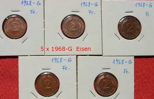 (1047323) Kleine Partie von zehn 2 Pfennig-Münzen von 1968-D. Siehe bitte Beschreibung u. Originalbilder. Sehr guter Qualität