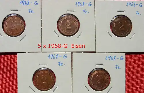 () Kleine Partie von zehn 2 Pfennig-Münzen von 1968-D. Siehe bitte Beschreibung u. Originalbilder. Sehr guter Qualität