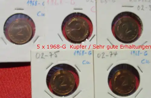 (1047323) Kleine Partie von zehn 2 Pfennig-Münzen von 1968-D. Siehe bitte Beschreibung u. Originalbilder. Sehr guter Qualität