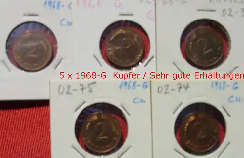 () Kleine Partie von zehn 2 Pfennig-Münzen von 1968-D. Siehe bitte Beschreibung u. Originalbilder. Sehr guter Qualität