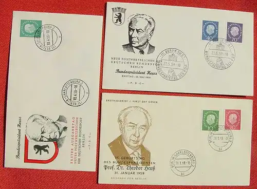 () Drei Ersttagsbriefe "Theodor Heuß" BERLIN 1959. FDC, siehe bitte Bild