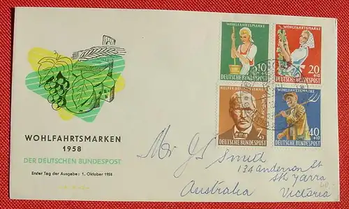() Ersttagsbrief Wohlfahrtsmarken. Pfungstadt 1. 10. 1958. FDC, siehe bitte Bild