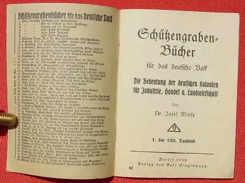 (1044234) Schuetzengraben-Buecher Nr. 92 "Die Bedeutung der deutschen Kolonien", Wiese, 1918