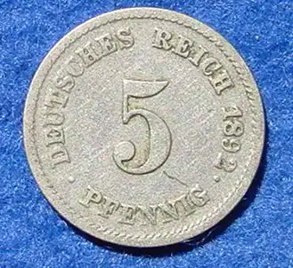 () Deutsches Reich. 5 Pfennig 1892-G, Jaeger-Nr. 12