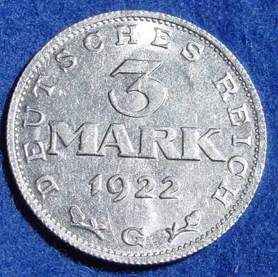 () Deutsches Reich. Drittes Reich. 3 Reichsmark 1922-G, Jaeger-Nr. 303