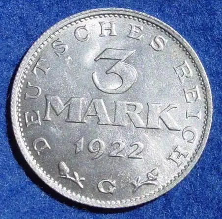 () Deutsches Reich. Drittes Reich. 3 Reichsmark 1922-G, Jaeger-Nr. 303