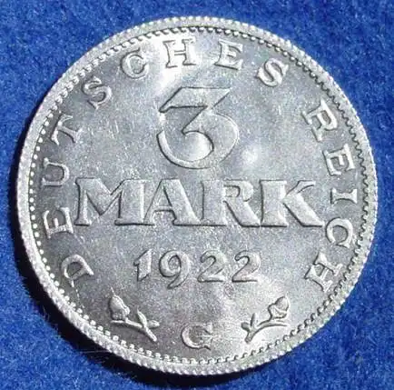 () Deutsches Reich. Drittes Reich. 3 Reichsmark 1922-G, Jaeger-Nr. 303