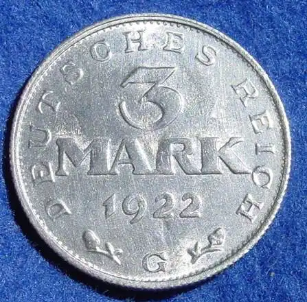 () Deutsches Reich. Drittes Reich. 3 Reichsmark 1922-G, Jaeger-Nr. 303