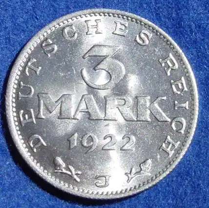 () Deutsches Reich. Drittes Reich. 3 Reichsmark 1922-J, Jaeger-Nr. 303