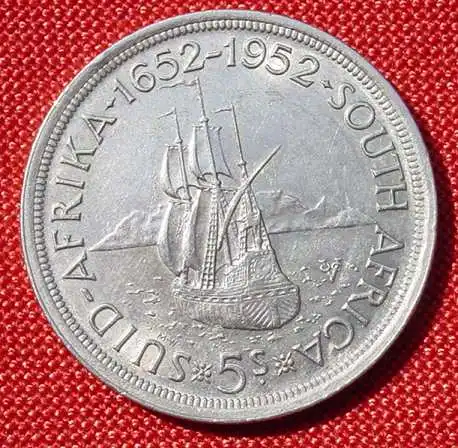 () Suedafrika. Silbermuenze. 5 Shillings 1952. Segelschiff. KM 41