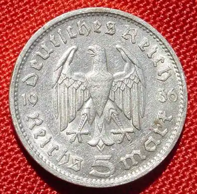 (1039649) Deutsches Reich. 5 Reichsmark 1936 G. Jaeger-Nr. 360. Silbermuenze 900-er Silber !