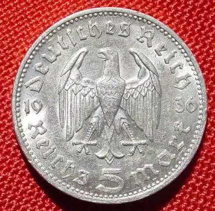 () Deutsches Reich. 5 Reichsmark 1936 J. Jaeger-Nr. 360. Silbermuenze 900-er Silber !