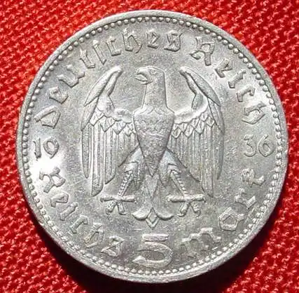 (1039651) Deutsches Reich. 5 Reichsmark 1936 A. Jaeger-Nr. 367. Silbermuenze 900-er Silber ! TOP Zustand